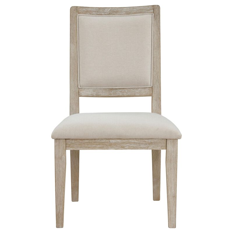 Eva Dining Side Chair Set of 2, Square Back, White Wood, Beige Fabric - Benzara