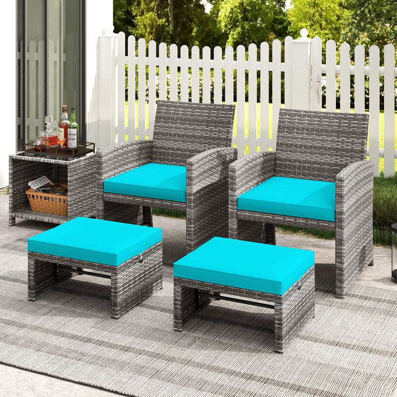 2 Pieces Patio PE Rattan Ottomans with Soft Zippered Cushions for Deck