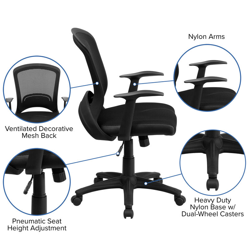 Manny Mid-Back Designer Black Mesh Swivel Task Office Chair with Arms image number 5