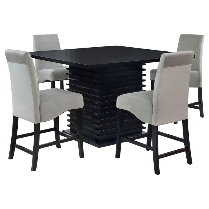 Tela 5pc Counter Height Dining Set, Black Wood Table, 4 Gray Chairs - Benzara