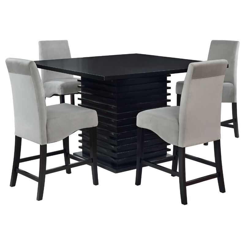 Tela 5pc Counter Height Dining Set, Black Wood Table, 4 Gray Chairs - Benzara