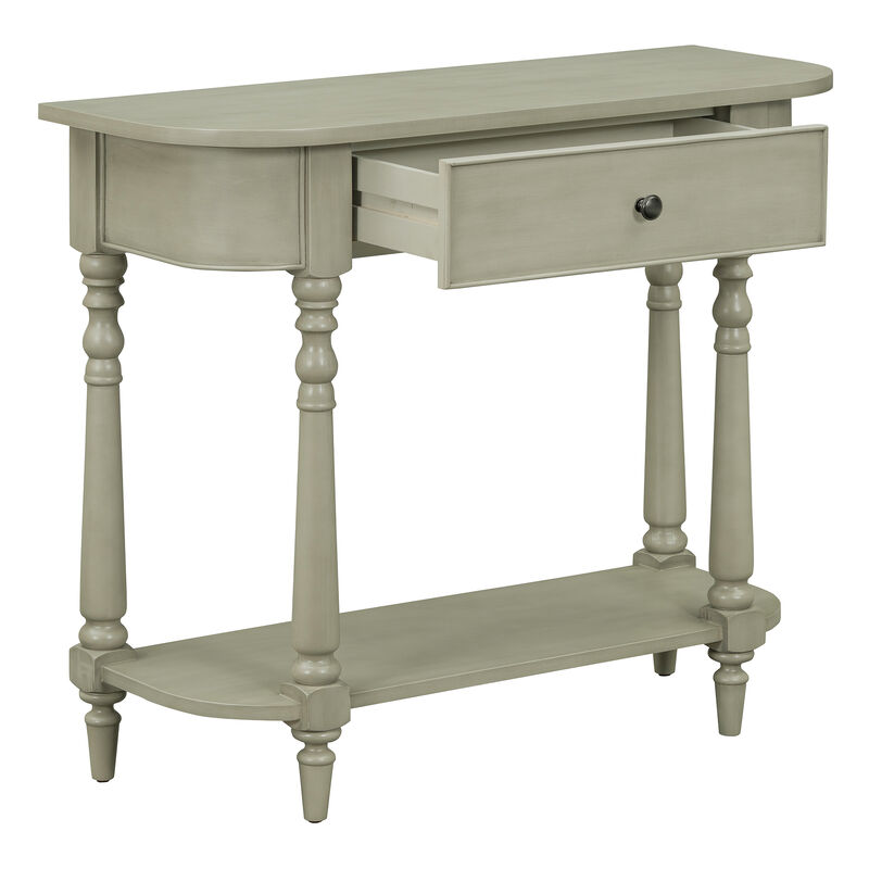 Whisen Retro Corner-curved Console Table with Top Drawer and Open Shelf for Living Room and Entryway - Beige