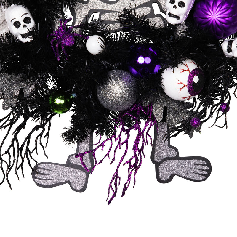 Purple and Black Spooky Skeleton Pine Halloween Wreath  24-Inch  Unlit image number 2