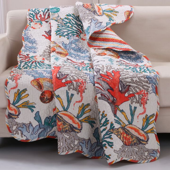 Wade 50 x 60 Quilted Throw Blanket with Fill, Corals and Seashells Design - Benzara