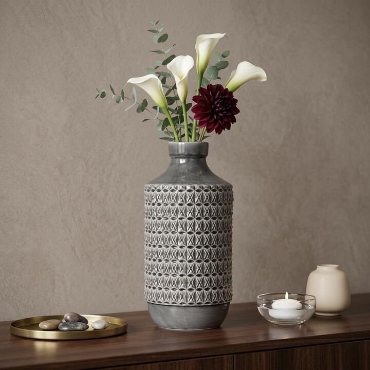 HomeRoots 15" Gray Geometric Cylinder Terracotta Table Vase
