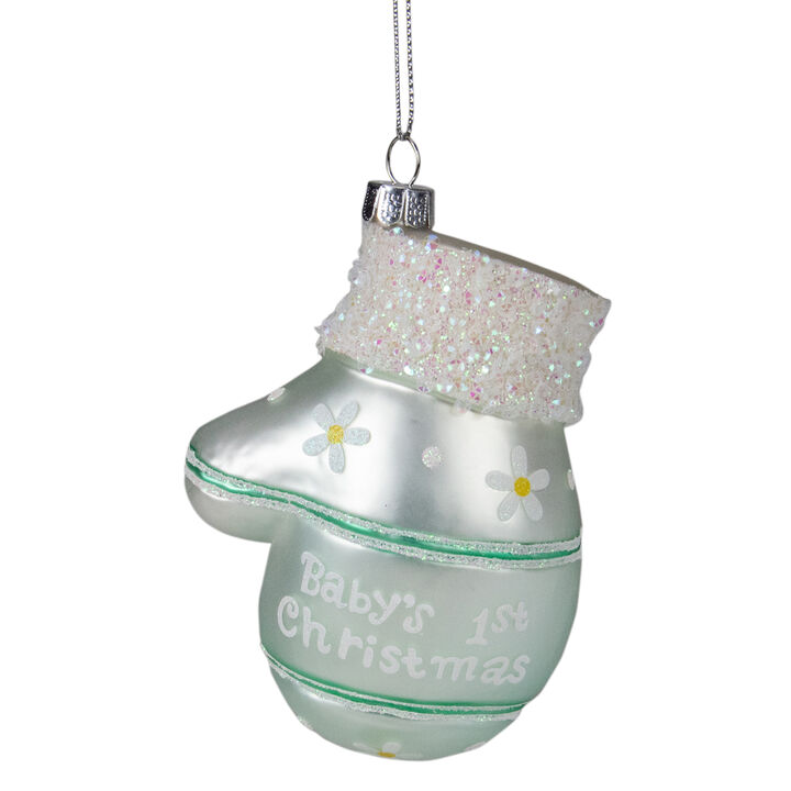 4" Baby's 1st Christmas Mint Green Glass Mitten Holiday Ornament