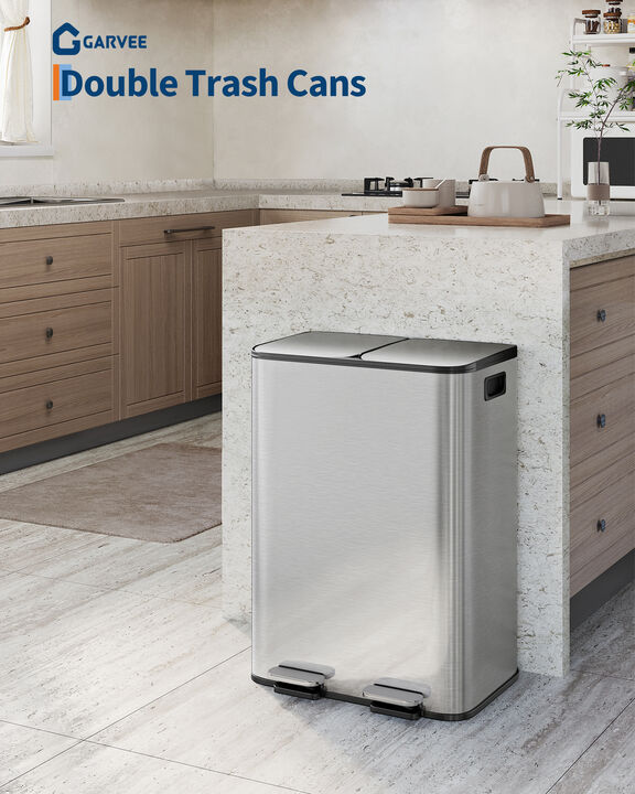 2&times;30L Dual Compartment Steel Step Trash Can, Soft Close Lid, Removable Inner Bucket, Odor Control Fingerprint Proof Recycling Bin