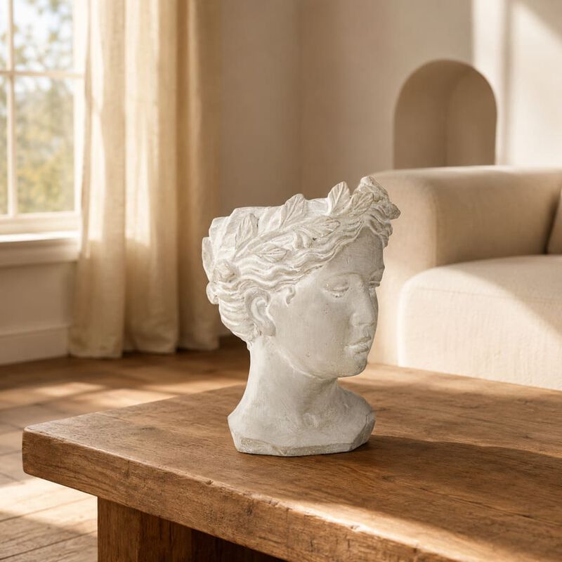 WOW PIONEER Classic Greek Style Cement Head Planter Vase - Ideal for Indoor Outdoor Home Garden Decor, D6 x 9 Inches image number 2
