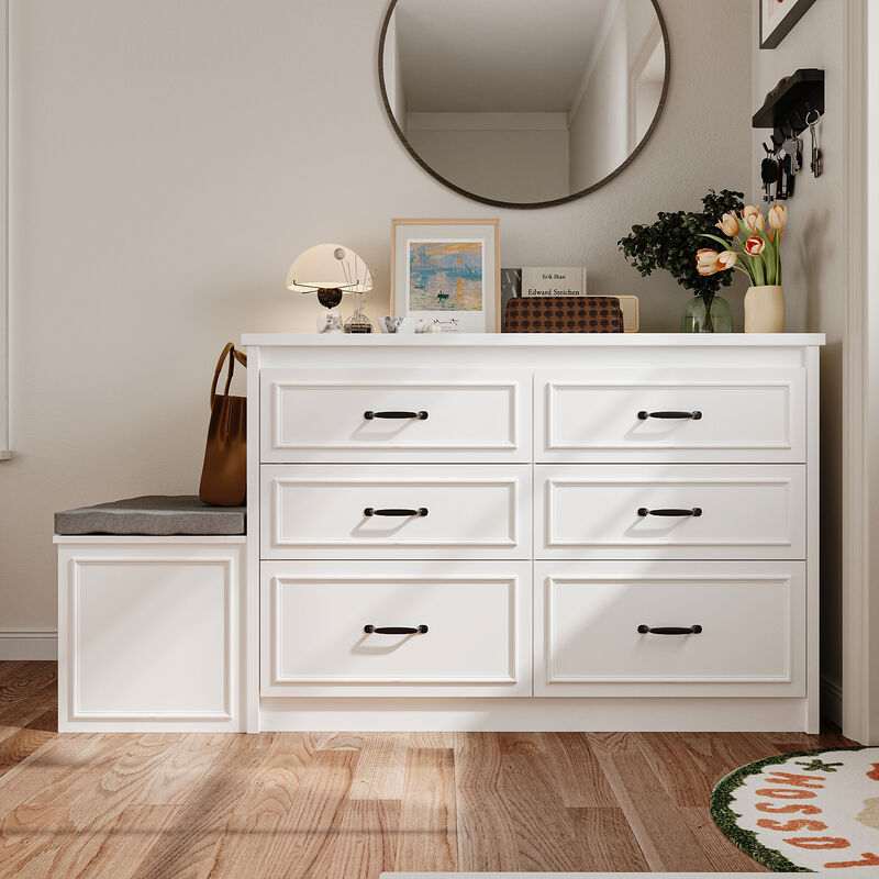 FUFU&GAGA Modern Vanity Table with 12 Drawers and Storage Bench – MDF Makeup Desk with Cushioned Seat, Large Workspace, and Black Handles, (61.9 in. L x 27.6 in. W x 32.6 in. H),White