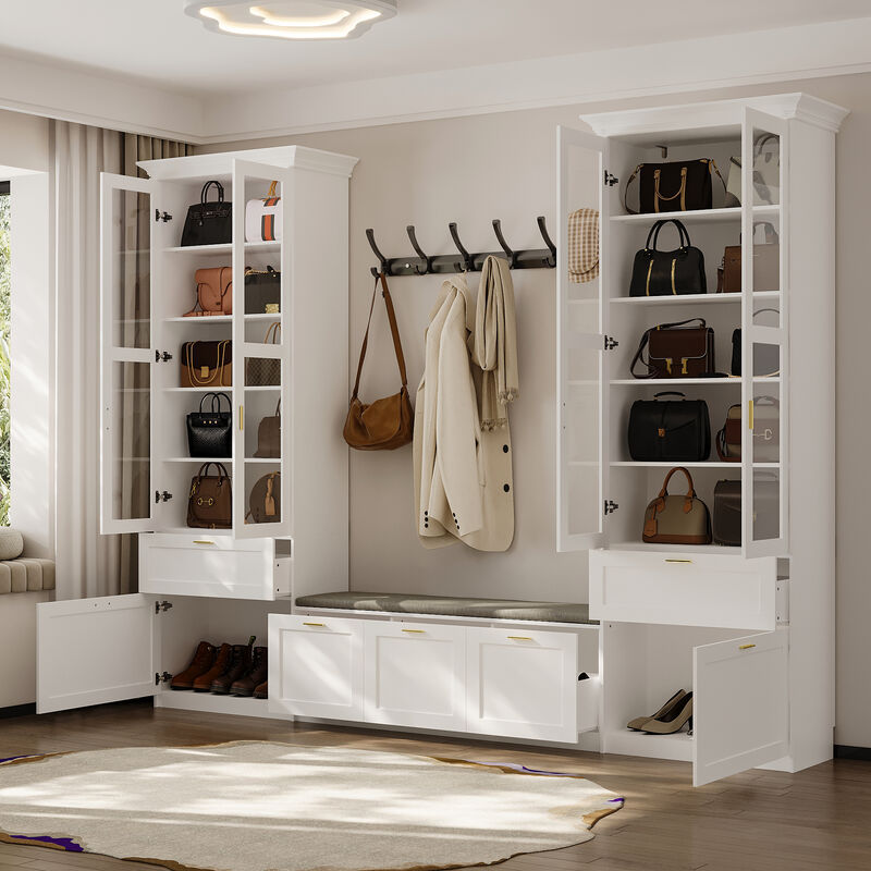 FUFU&GAGA Grand Wardrobe with Glass Doors, Soft Matte Finish, P2 MDF Construction, Gold Handles & Cushioned Nook (122"W x 97"H x 15.7"D),White
