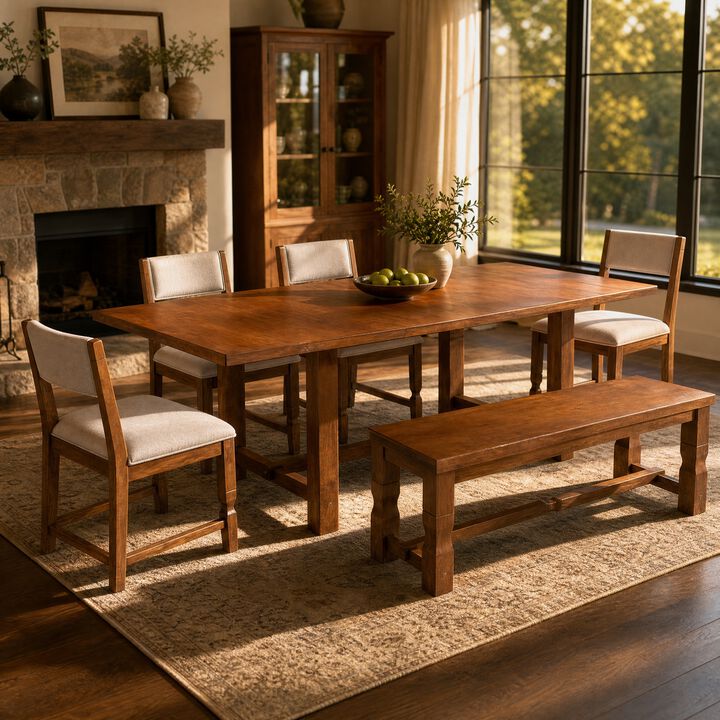 Celkwe 6‑Piece Solid Rubber Wood Extendable Dining Table Set