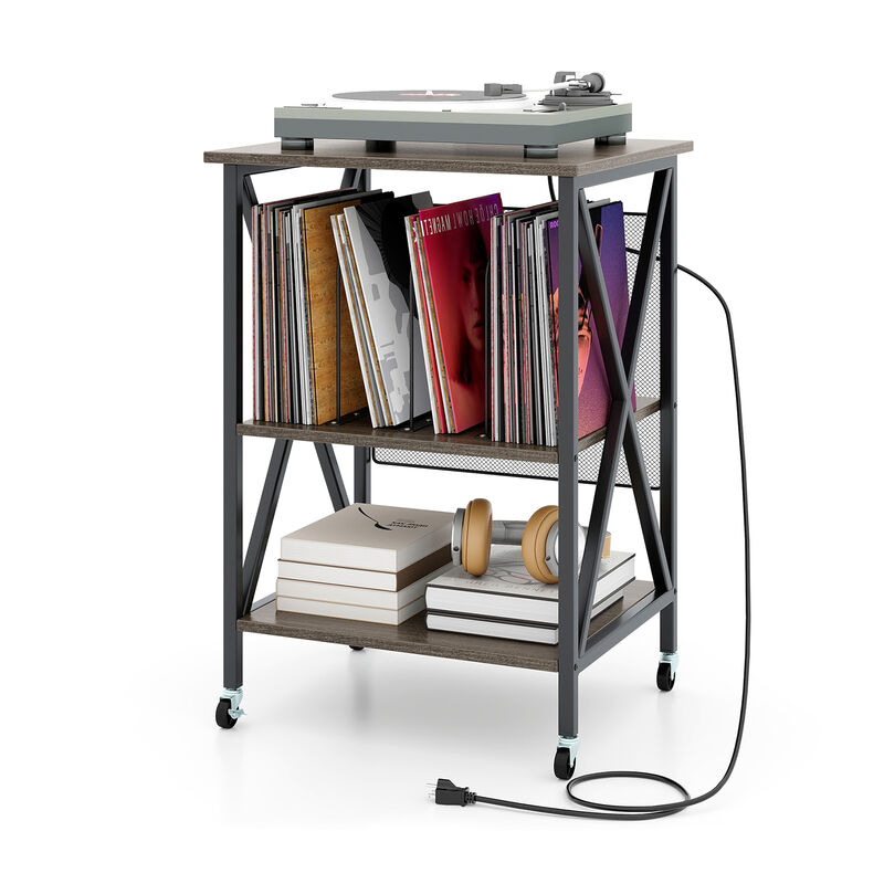 Mid-Century Vinyl Record Player Stand with Built-In Charging Station and Storage