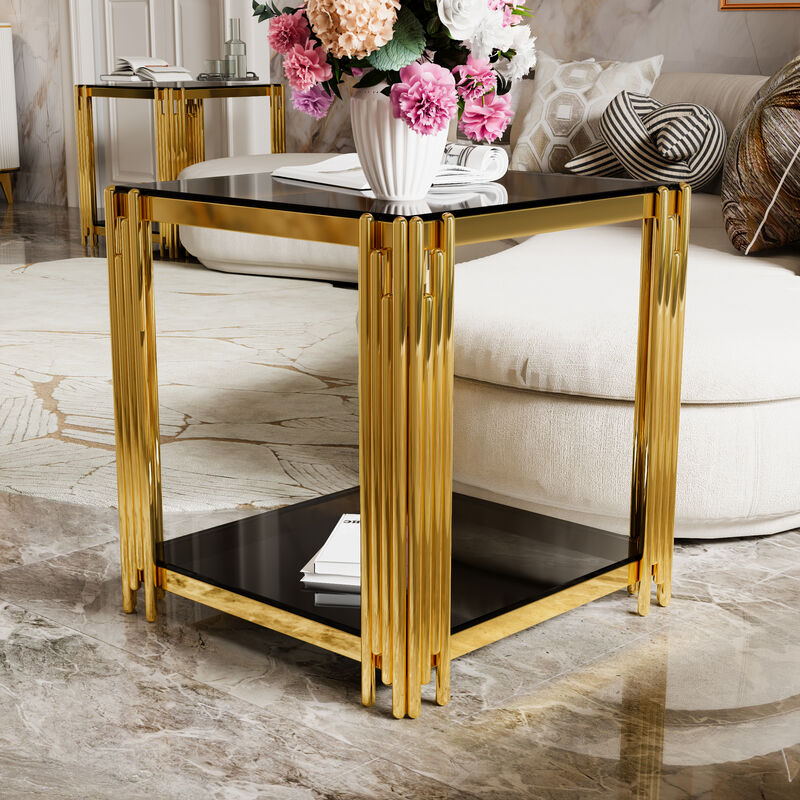 Merax Modern Mirror End Table Asymmetrical Metal Frame with Lower Shelf image number 1