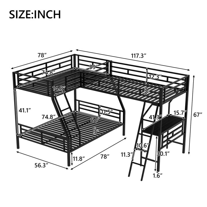 Twin over Full Bunk Bed with a Twin Size Loft Bed attached, with a Desk, Metal, Black
