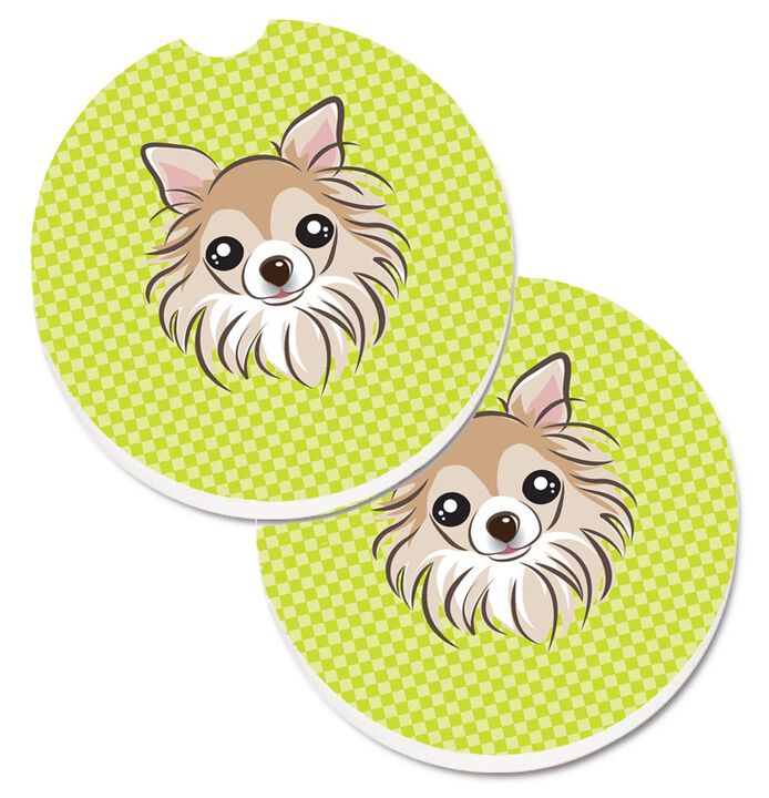 Caroline's Treasures Checkerboard Lime green Chihuahua Set of 2 Cup Holder Car Coasters BB1313CARC, 2.56, Multicolor