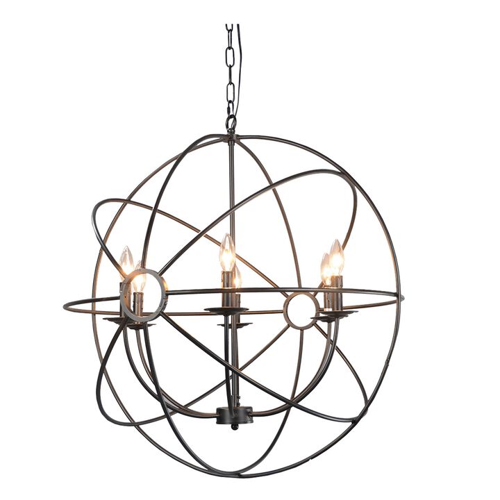 6 Light Fixture Orb Shape Metal Frame Chandelier, Black - Benzara