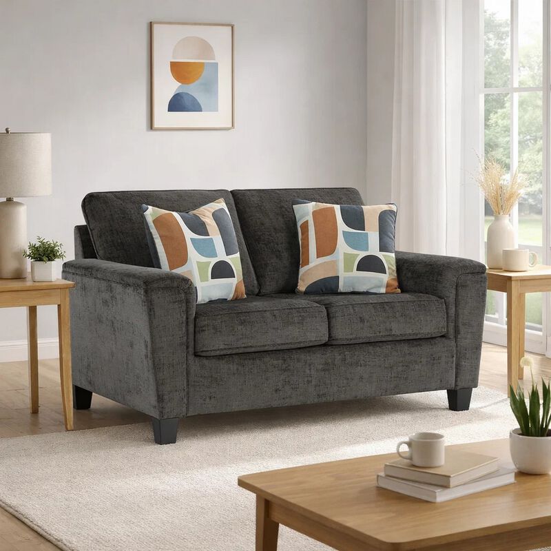 Erin Loveseat, 2 Accent Throw Pillows, 61 Inch Dark Gray Polyester image number 6