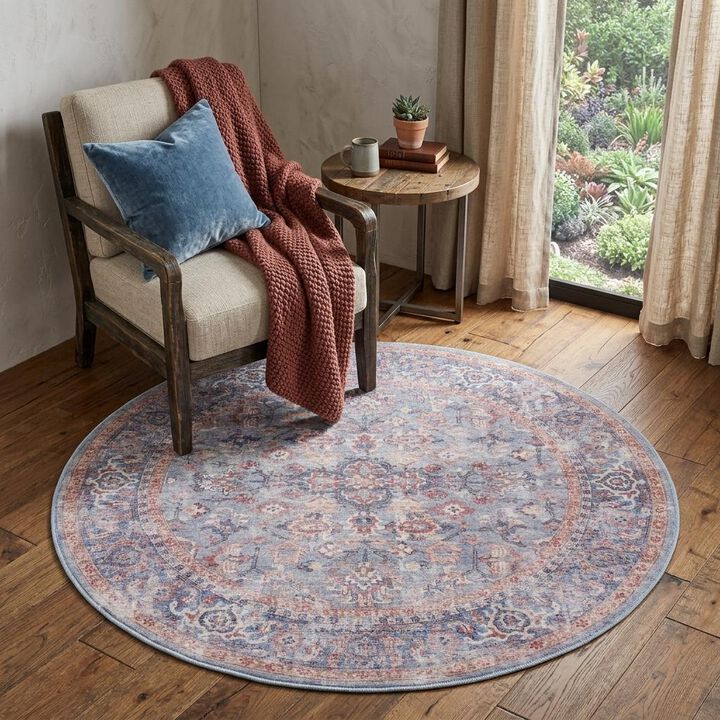 HomeRoots Round Floral Power Loom Distressed Area Rug