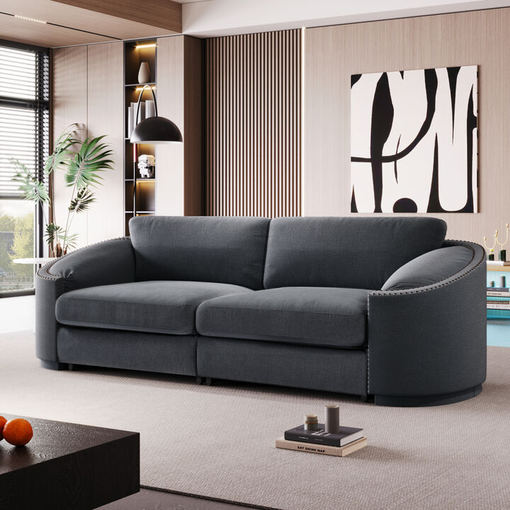 Stylish Sofa with Semilunar Arm, Rivet Detailing, and Solid Frame for Living Room