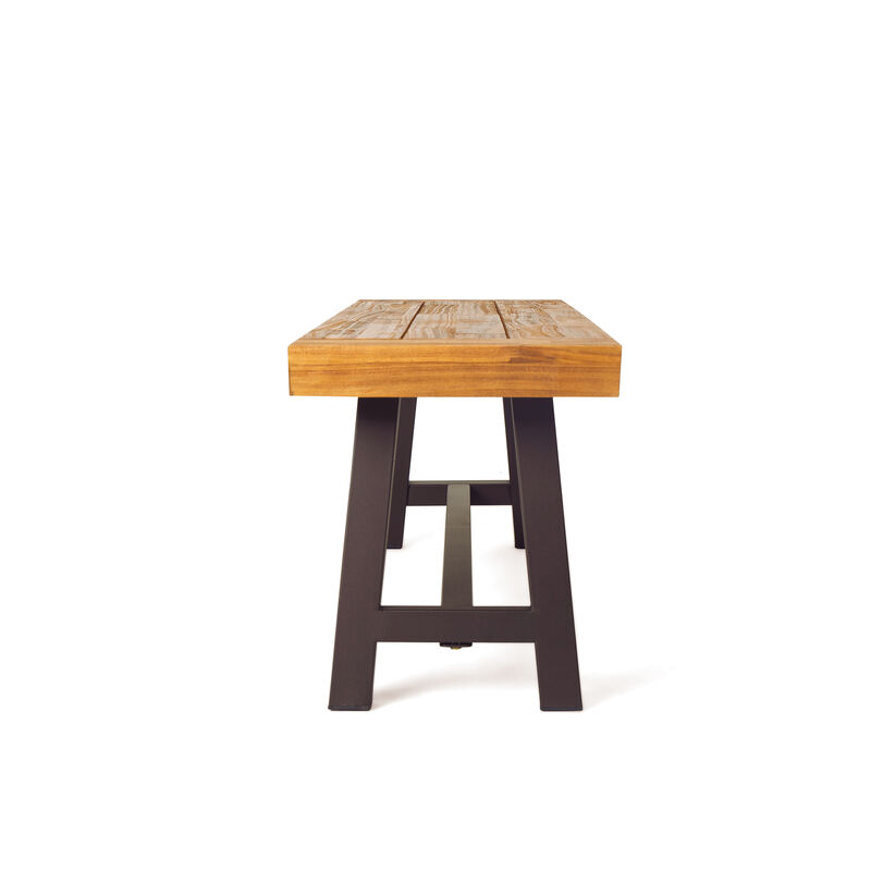 Leslee Outdoor Bench Set of 2, Light Brown Wood, Black Metal, 63 Inch - Benzara