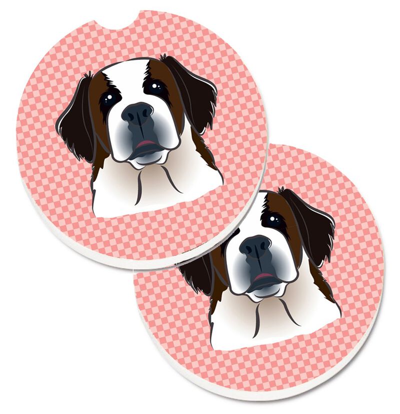 Caroline's Treasures Checkerboard Pink Saint Bernard Set of 2 Cup Holder Car Coasters BB1246CARC, 2.56, Multicolor