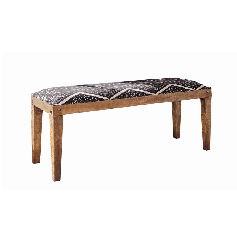 Fabric Upholstered Wooden Bench with Tapered Legs, Brown and Blue