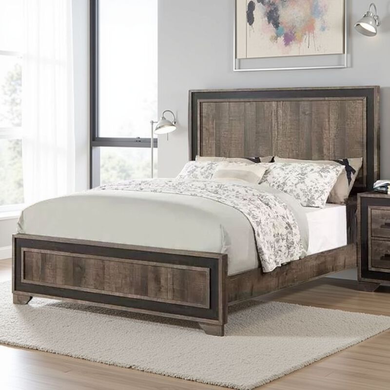 Modern Queen Size Bed w Tall Panel Headboard, Rustic Brown Wood - Benzara