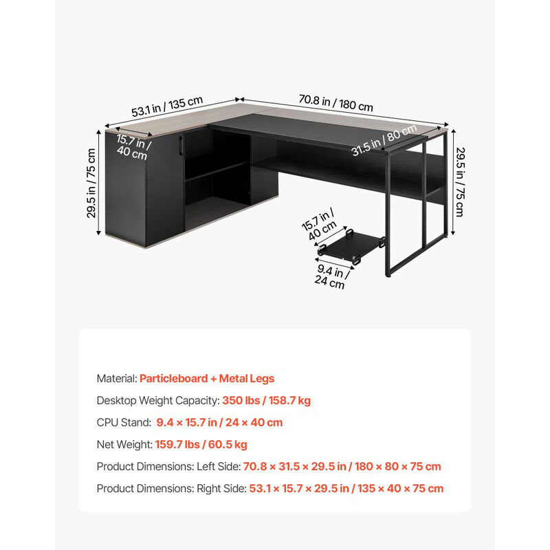 Modern L-Shaped Office Desk with CPU Stand, Storage Cabinet and Spacious Work Surface-Black image number 2