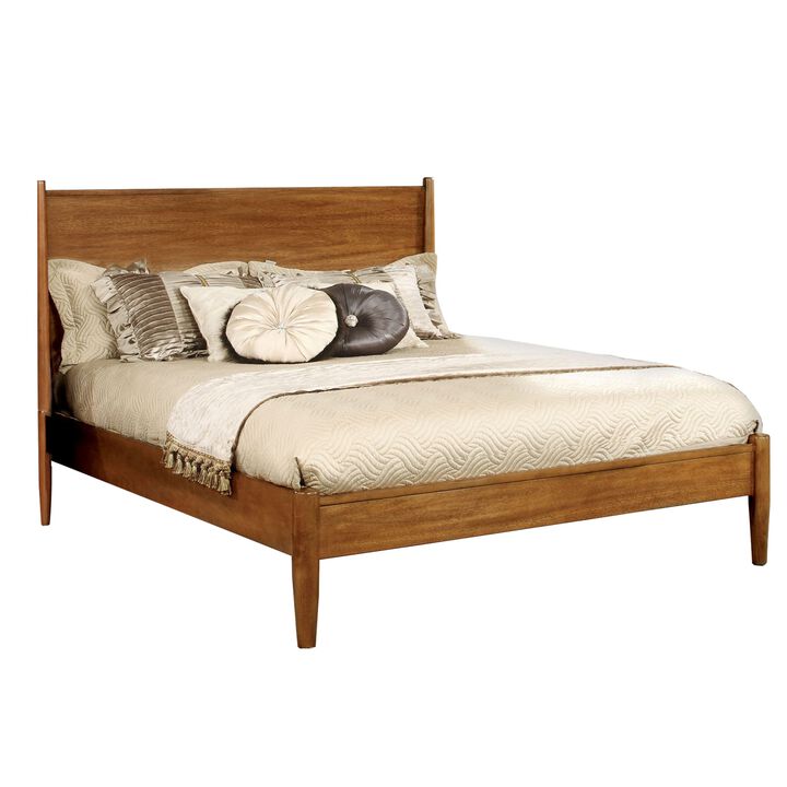 Mid Century Modern Wood Queen Bed, Round Tapered Legs, Oak Brown-Benzara
