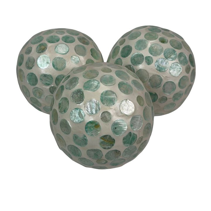 Decorative Balls Set Of 3 Aqua Capiz Shell 4 Inch Coastal Orbs Bowl Fillers