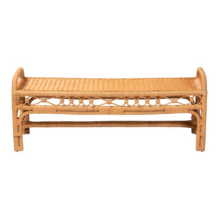 bali & pari Ayala Natural Rattan Accent Bench - Handwoven Wicker Accent Seating with Decorative Apron and Integrated Handles for Living Room, Bedroom, Or Entryway