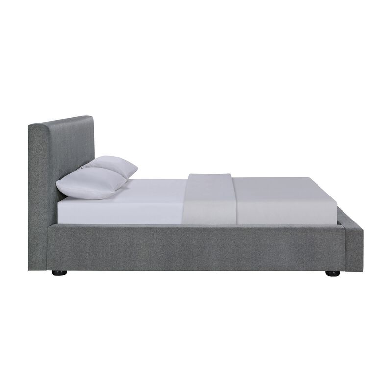 Jivi King Size Platform Bed, Low Profile, Padded, Gray Fabric Upholstered - Benzara