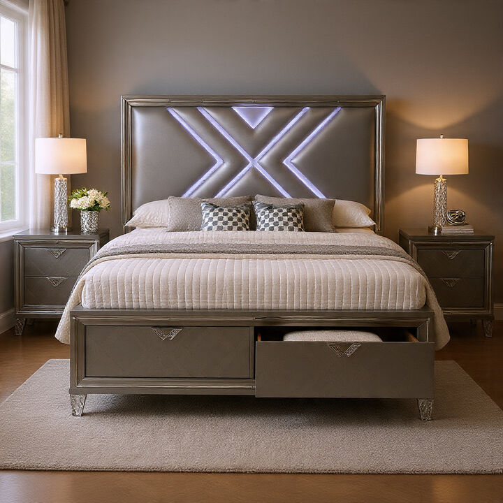 Queen Bedroom Set, Gray, Silver Wood, 3 Piece Set with 2 Nightstands