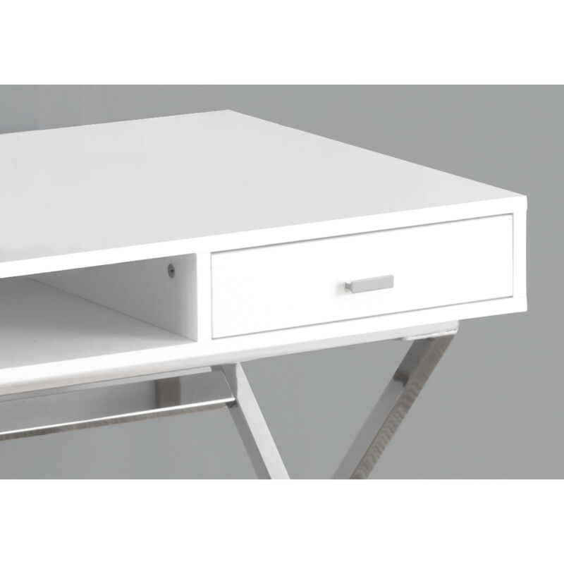 Monarch Specialties I 7211 Computer Desk, Home Office, Laptop, Storage Drawers, 48"L, Work, Metal, Laminate, Glossy White, Chrome, Contemporary, Modern
