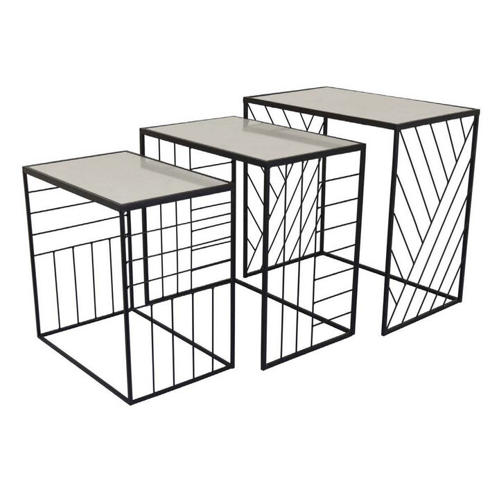 Plant Stand Table Set of 3, Intricate Geometric Pattern, Black Finish - Benzara