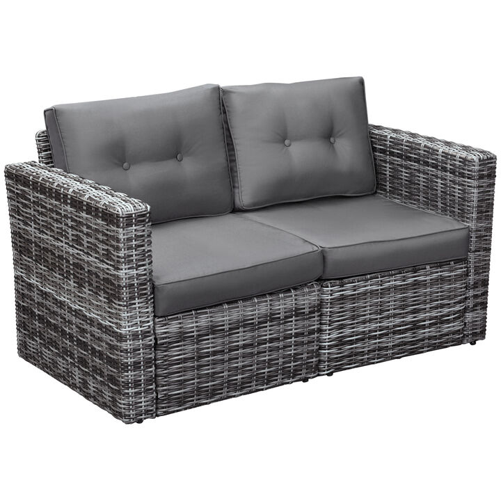 Outsunny 2 Piece Patio Wicker Corner Sofa Set, Outdoor PE Rattan Furniture, with Curved Armrests and Padded Cushions for Balcony, Garden, or Lawn, Lawn, Grey