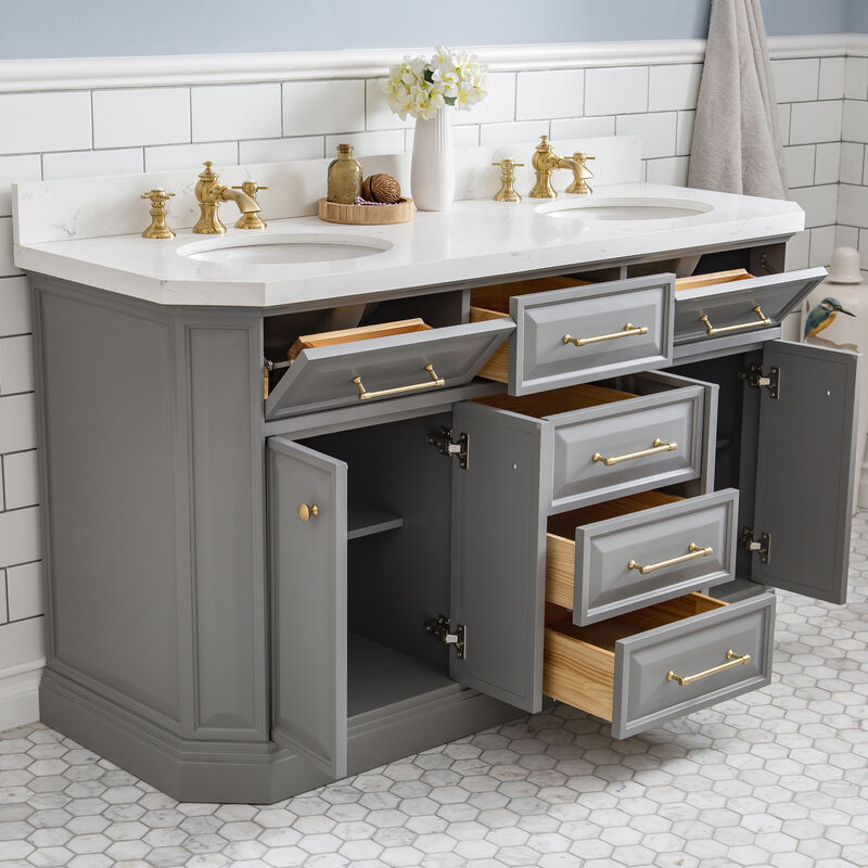 Palace 60 In. Double Sink Carrara Quartz Countertop Bath Vanity in Cashmere Grey with Satin Gold Hardware