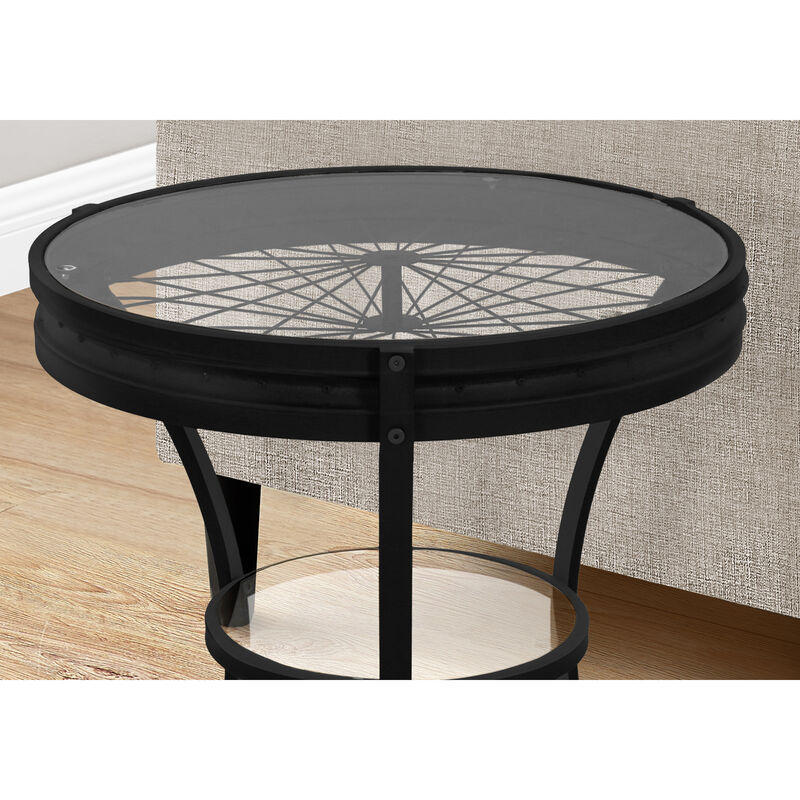 Monarch Specialties I 2140 Accent Table, Side, End, Nightstand, Lamp, Round, Living Room, Bedroom, Metal, Tempered Glass, Black, Clear, Transitional