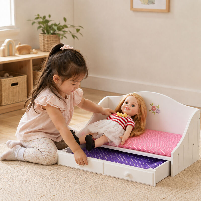 Olivia's Little World Doll Trundle Bed with Pink Bedding for 18" Dolls, White Doll Furniture, 2 interchangeable cushions (White and Polka Dot), Sliding Drawer image number 4