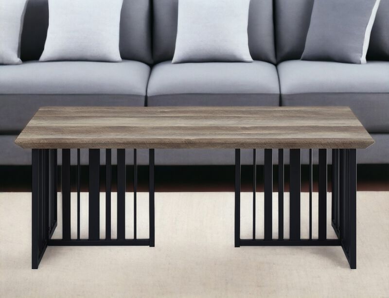 HomeRoots 47" Oak and Black Wood And Metal Distressed Frame Coffee Table image number 1