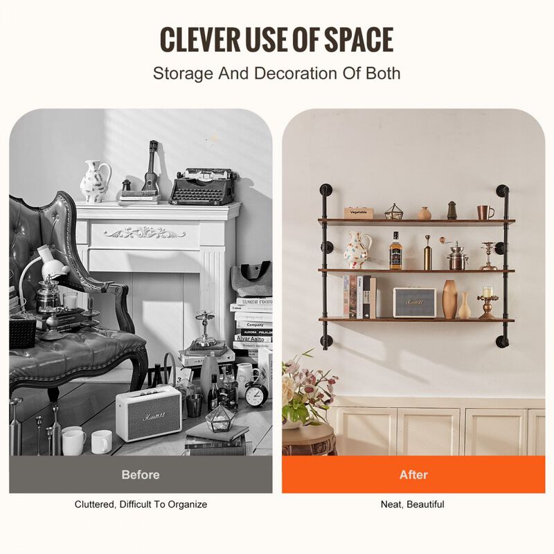 Metal Pipe Shelf 3-Tier Wall Rack for Kitchen, Bedroom, or Home Office Use