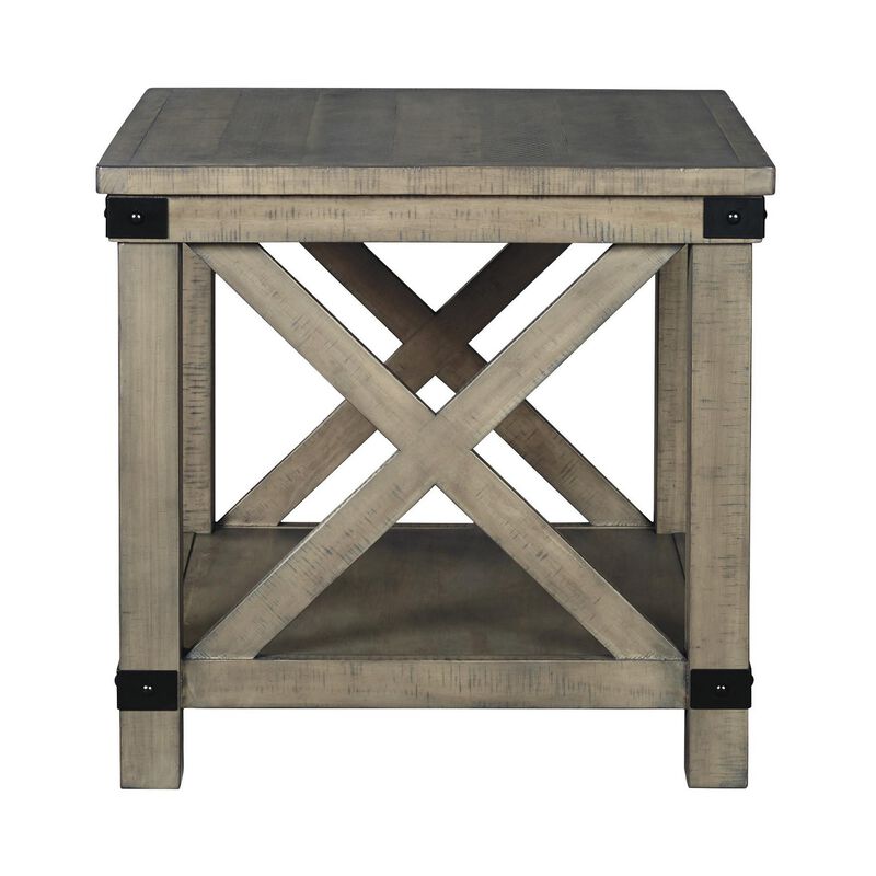 Farmhouse Style End Table with X Shaped Sides and Open Bottom Shelf, Gray