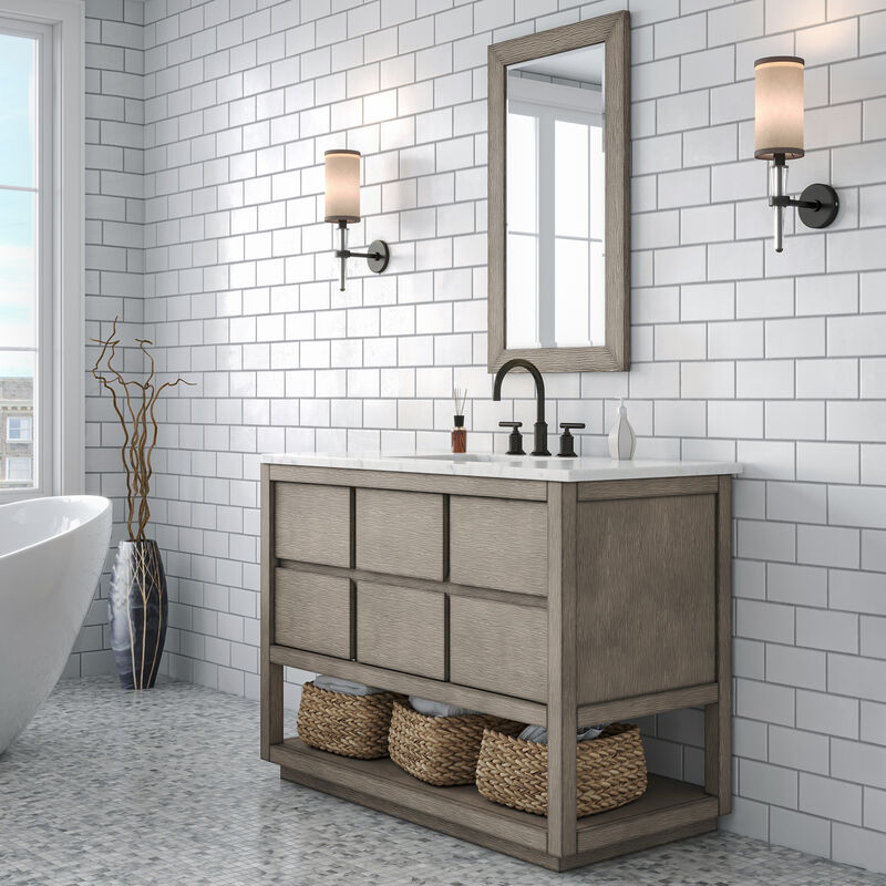 Oakman 48 In. Single Sink Carrara White Marble Countertop Bath Vanity in Grey Oak