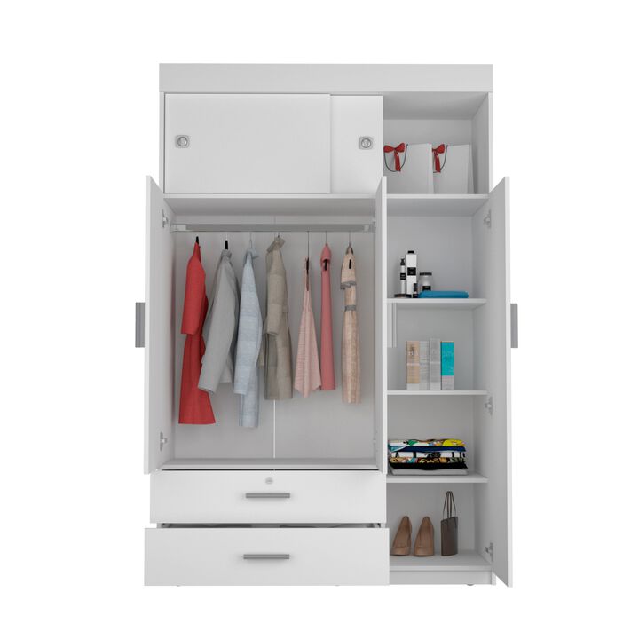 Chile Armoire, Rod, Three Door Cabinet, Two Drawers, Two Superior Adjustable Shelves, Metal Hardware- White -White