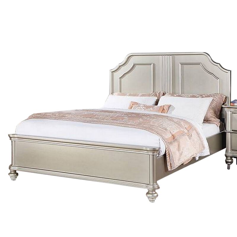 Opp Platform California King Bed with Panel Headboard, Champagne Silver - Benzara