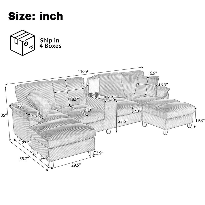 Merax Spacious U-Shaped Corduroy Sectional with Storage & Console image number 3