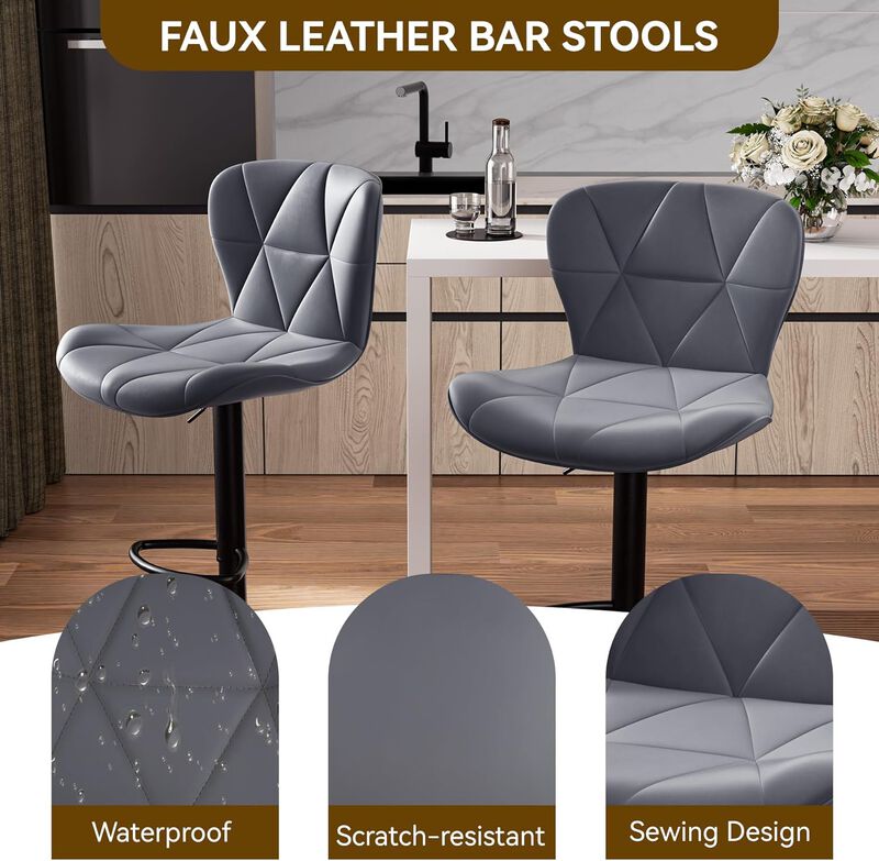 Faux Leather Swivel Bar Stools Set of 2, Adjustable Counter Height Kitchen Chairs, Iron Frame High Backrest 360&deg; Barstools for Kitchen Counter, Outdoor image number 3