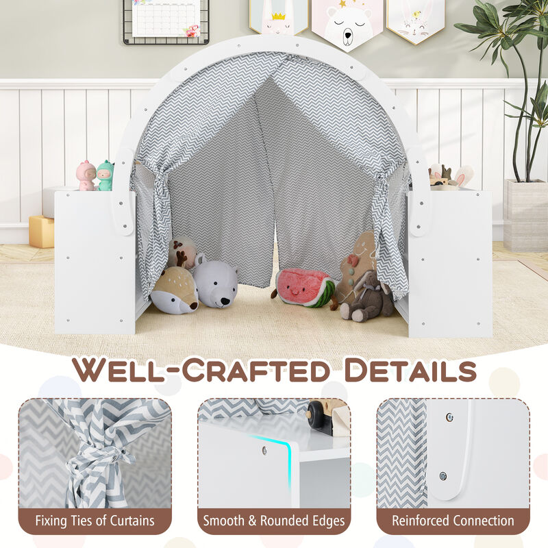 Kids Indoor Playhouse Tent with Curtain Doors and 8 Cubbies &ndash; Wooden Frame Construction