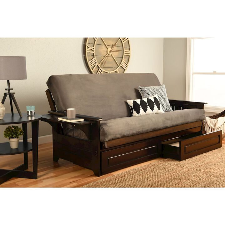 Phoenix Frame Queen-Espresso Finish-Suede Gray Mattress-Storage Drawers