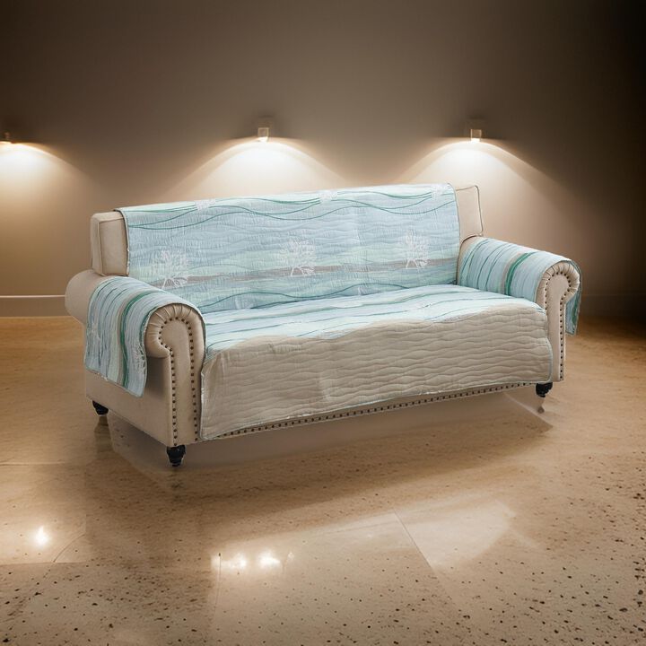 Niha 127 Inch Sofa Cover, Ocean Wave Print and Quilting, Border, Multicolor - Benzara